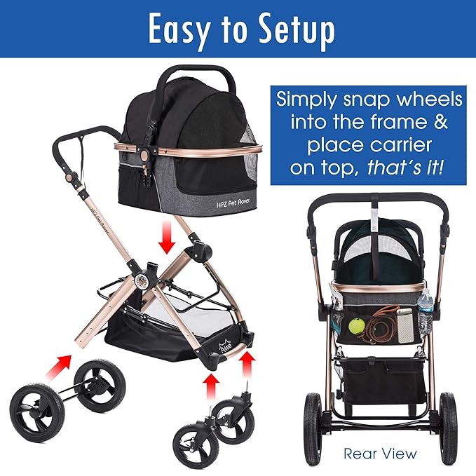 HPZ Pet Rover Prime 3-in-1 Luxury Dog/Cat Stroller (Travel Carrier + Car Seat +Stroller) with Detach Carrier/Pump-Free Rubber Tires/Aluminum Frame/Reversible Handle for Medium &amp; Small Pets (BLACK)