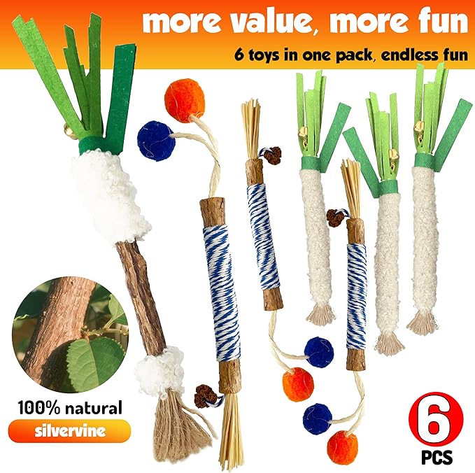 Catnip 6PCS Chew Stick with Wrapped Cotton Rope – Natural Dental Care Cat Toy for Teeth Cleaning &amp; Gum Health, Satisfies Chewing Instincts, Safe &amp; Long-Lasting Kitten Teething Toy