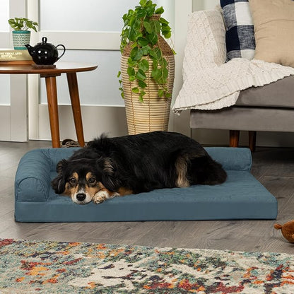 Furhaven Cooling Gel Dog Bed for Large/Medium Dogs w/ Removable Bolsters &amp; Washable Cover, For Dogs Up to 55 lbs - Pinsonic Quilted Paw L Shaped Chaise - Bluestone, Large
