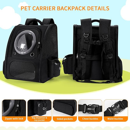 Expandable Pet Carrier Backpack with Transparent Bubble Window, Gray Mesh Travel Bag, Portable Space Capsule Design with Foldable Dogs Carrier for Pets (Black)