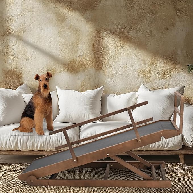 Dog Ramp for Bed, 5 Level Adjustable Dog Ramp for High Beds, Upgrade Rubber Mat High Traction Ramp with Safety Rails, Folding Pet Ramp for Bed, Couch,SUV, Natural Wood Pet Ramp for Small &amp; Old Dogs