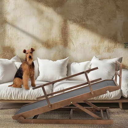 Dog Ramp for Bed, 5 Level Adjustable Dog Ramp for High Beds, Upgrade Rubber Mat High Traction Ramp with Safety Rails, Folding Pet Ramp for Bed, Couch,SUV, Natural Wood Pet Ramp for Small &amp; Old Dogs