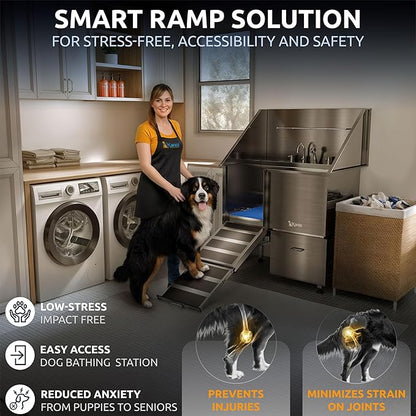 KANIS Professional Stainless Steel Dog Bathing Station - Grooming Tub w/Ramp, Storage Drawer, Floor Grate &amp; Faucet/Dog Bathtub for Large, Medium &amp; Small Pets (40", 1 Drawer - Left RAMP)