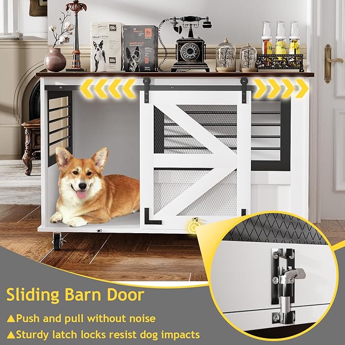 47 inch XL Dog Crate Furniture with Top-Access Teasing/Feeding Doors, Farmhouse Wooden Decorative Dog Crates with Wheels, Chew-Resistant Dog Crates End Table for Medium&amp;Large Dogs, White