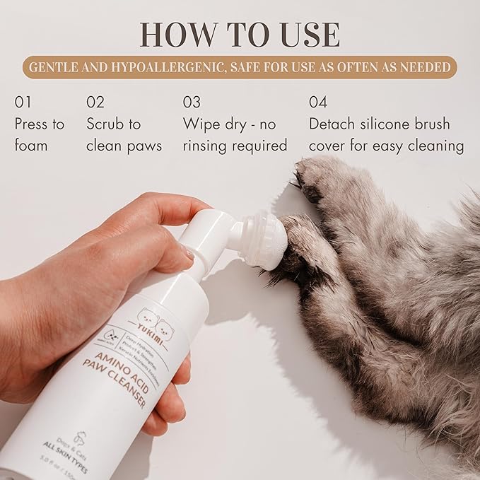 YUKIMI Premium Amino Acid Paw Cleanser with Silicone Bristle Brush for Dogs &amp; Cats | Dermatologist Certified Hypoallergenic | Hydrating, Soothing, Deodorizing, Moisturizing | pH Balanced - 5.0 Fl Oz