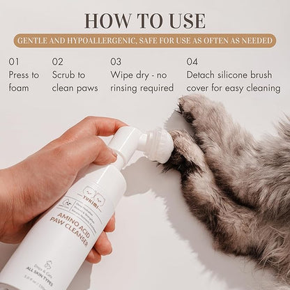 YUKIMI Premium Amino Acid Paw Cleanser with Silicone Bristle Brush for Dogs &amp; Cats | Dermatologist Certified Hypoallergenic | Hydrating, Soothing, Deodorizing, Moisturizing | pH Balanced - 5.0 Fl Oz