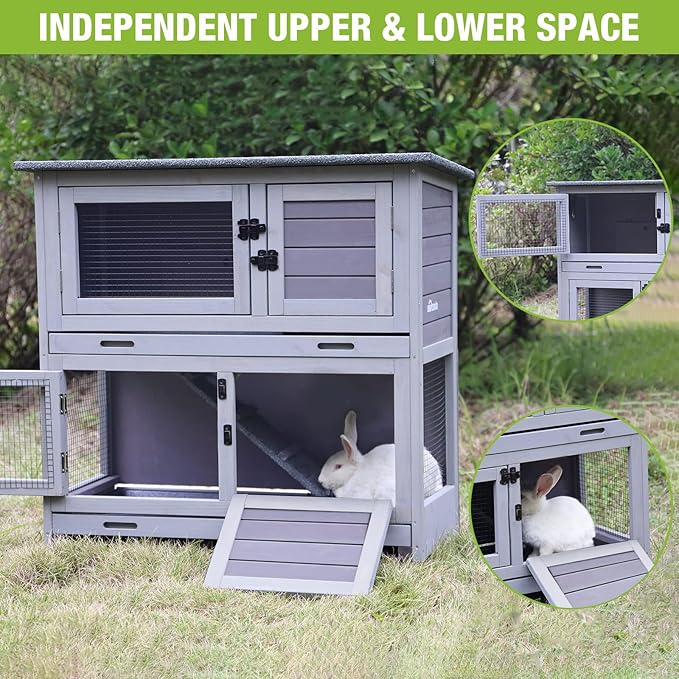 Rabbit Hutch Bunny Cage, Guinea Pig Cage Bunny Hutch Indoor, Wood Pet Cage with 4 Casters -2 Story &amp; 2 Trays