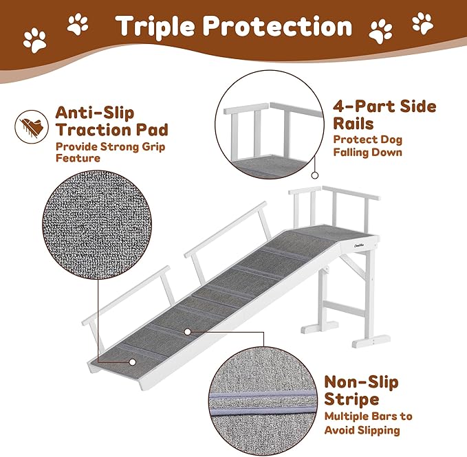 Onelike Wooden Dog Ramp for Bed with Removable Side Rail and Non-Slip Carpet, Stable Pet Ramp Stair for Couch Sofa for Small &amp; Large &amp; Senior Dogs, 60" Long Ramp White