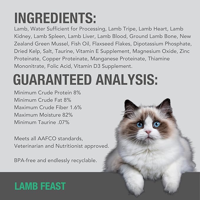 Feline Natural New Zealand Canned Catfood Wet Food, High-Meat, Low-Carb, &amp; Grain Free Cat Food Wet, Lamb Feast, 6 oz, Pack of 12