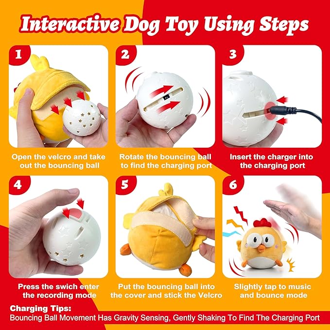 Interactive Dog Toys, Squeaky Moving Ball Toy with Jumping &amp; Music Modes, Rechargeable Plush Chew Toys for Small/Medium/Large Dogs to Keep Puppy Busy Pet Toys (Chick)