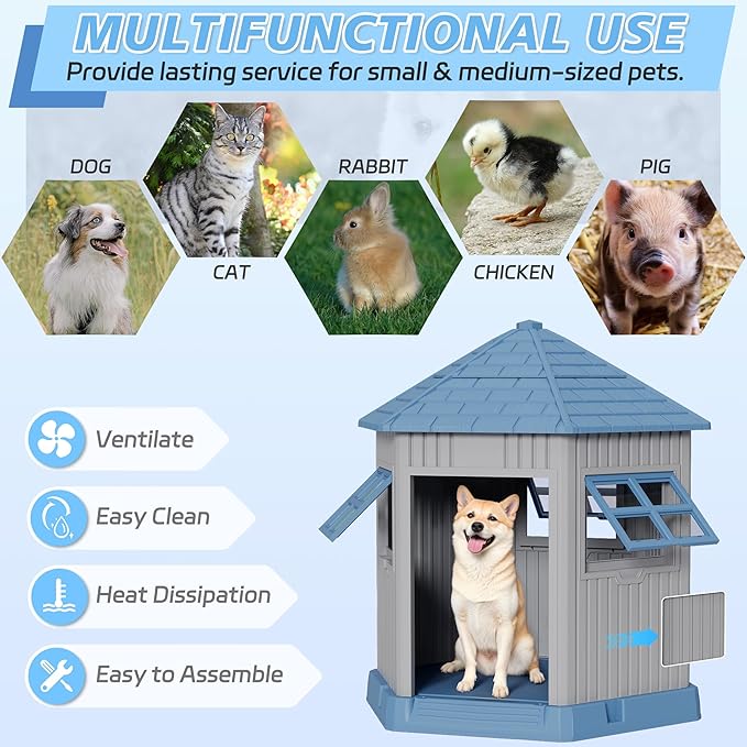 Durable Dog House Indoor Outdoor for Small Medium Dogs, Weatherproof Puppy Shelter with Elevated Floor &amp; Air Vents, Easy Clean and Assemble (Blue, 36.61L*29.5W*37.4H)