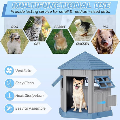 Durable Dog House Indoor Outdoor for Small Medium Dogs, Weatherproof Puppy Shelter with Elevated Floor &amp; Air Vents, Easy Clean and Assemble (Blue, 36.61L*29.5W*37.4H)