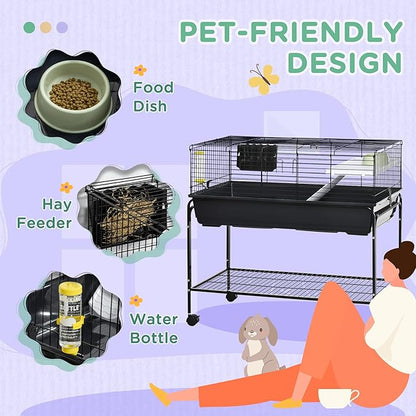 PawHut Two-Story Small Animal Cage Removable from Stand, Guinea Pig Cage with Shelf &amp; Wheels, Pet Habitat for Hedgehog, Chinchilla, Ferret, 39" x 20.5" x 36.5", Black