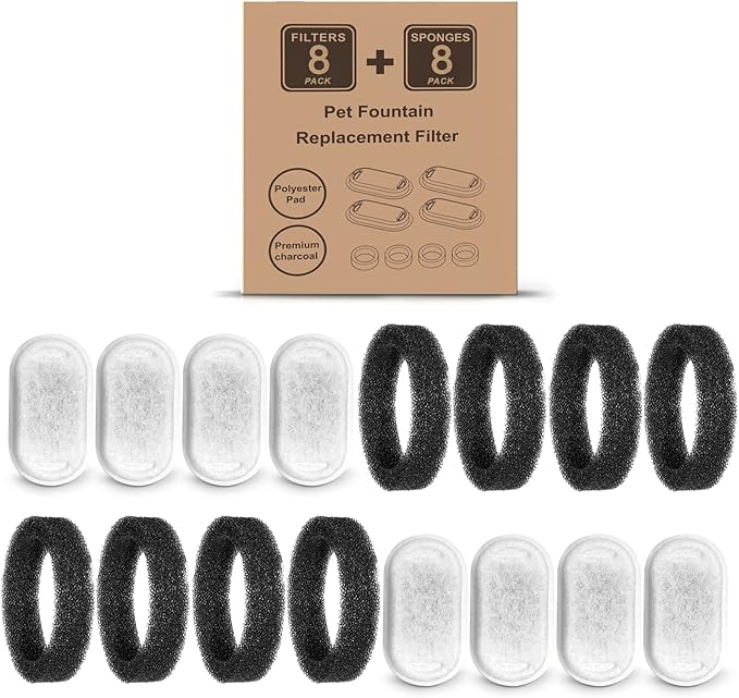 Cat Water Fountain Filters for 108/3.2L&amp; 67oz/2L Stainless Steel Pet Water Dispenser Fountain Filter Replacement with 8 Sponges (8 Filters&amp;8 Sponges)