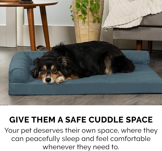 Furhaven Cooling Gel Dog Bed for Medium/Small Dogs w/ Removable Bolsters &amp; Washable Cover, For Dogs Up to 35 lbs - Pinsonic Quilted Paw L Shaped Chaise - Bluestone, Medium