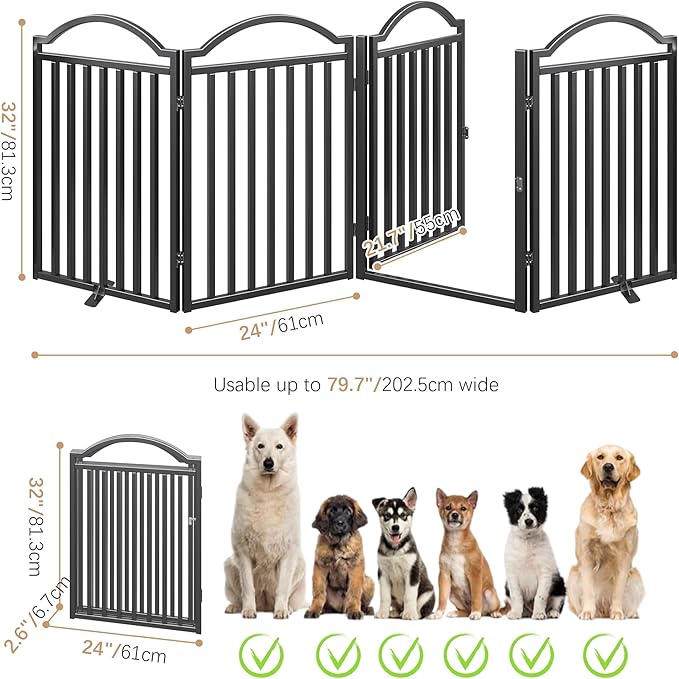 BHG Metal No-Assembly Freestanding Dog Gate with Door Walk Through, Extra Wide 96", Extra Tall 32" Pet Gate, Accordion Puppy Folding Playpen Dog Fence for Indoor &amp; Outdoor, with 2PCS Support - Black