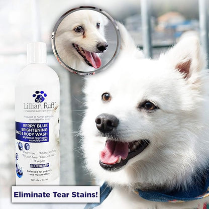 Lillian Ruff PRO Formula Berry Blue Brightening Pet Shampoo - Ultra-Hydrating Professional Whitening Dog Shampoo, Vivid Show-Quality Coat Enhancer, Tear Stain &amp; Odor Eliminator With ProVitamin B5 16oz
