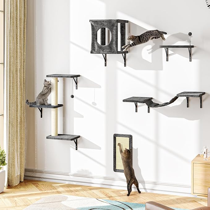 NUNU LAB Wall Mounted Cat Furniture, 5 Pcs Cat Wall Shelves with House, Bridge, Steps, Scratching Post, Shelves, Indoor Safe &amp; Stable Furniture for Kittens Play, Gray