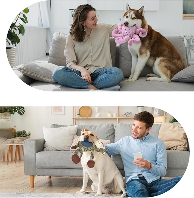 2Pack Dog Toys for Large Dog - Plush Squeaky Medium &amp; Small Dog Toys - Stuffed Animals Puppy Toys - (Monkey+Octopus Pink)