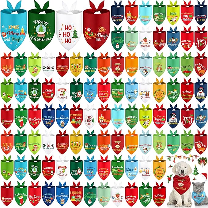 200 Pcs Christmas Dog Bandana Bulk with Sayings Pet Bandanas Triangle Scarf Bibs Washable Puppy Kerchief Adjustable Grooming Supplies for Small Medium Large Dog Cat Costume Accessories