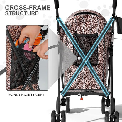 MoNiBloom 4 Wheels Pet Stroller, Easy-Fold Umbrella Shaped Dog Cat Jogger Stroller w/Storage Bag &amp; Visible Mesh for Small/Medium Dogs Cats Leopard Print