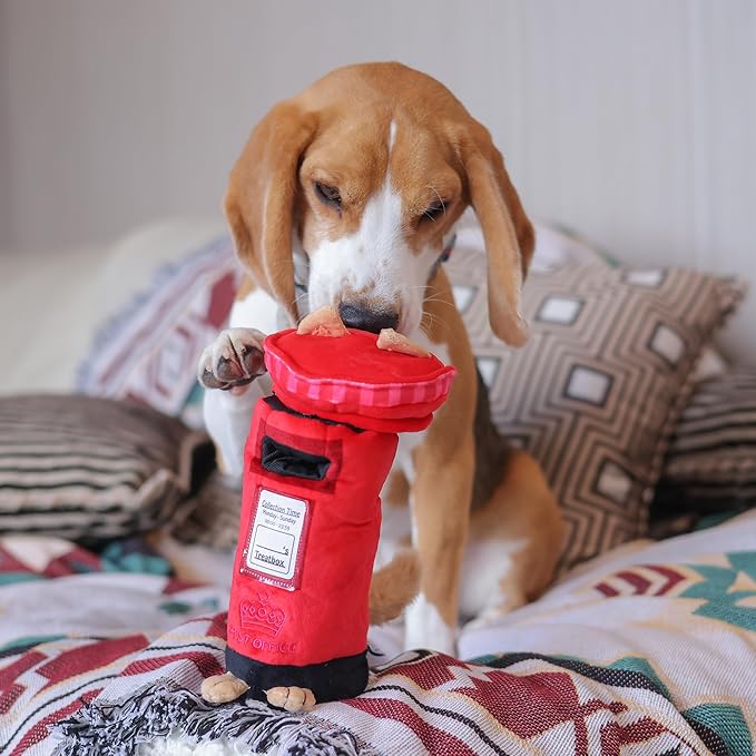 British Postbox Treat-Dispensing Soft Plush Squeaky Pet Toy - Iconic UK Enrichment Gift, Durable Cute &amp; Fun Toy for Interactive Play, Hide Food for Nose-Work Puzzle, Small Medium Dogs