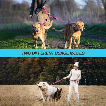 PetBonus Double Dog Leash, No Tangle Dual Leash, Reflective Walking Training Lead, 4 Comfortable Padded Handles for 2 Dogs with Collapsible Bowl and Waste Bags (Pink, Large)