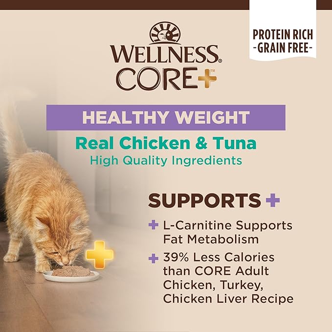 Wellness CORE+ Healthy Weight Pate Adult Wet Cat Food, Natural, Protein-Rich, Grain Free, 2.8 Ounce, 12 Pack (Chicken &amp; Tuna)