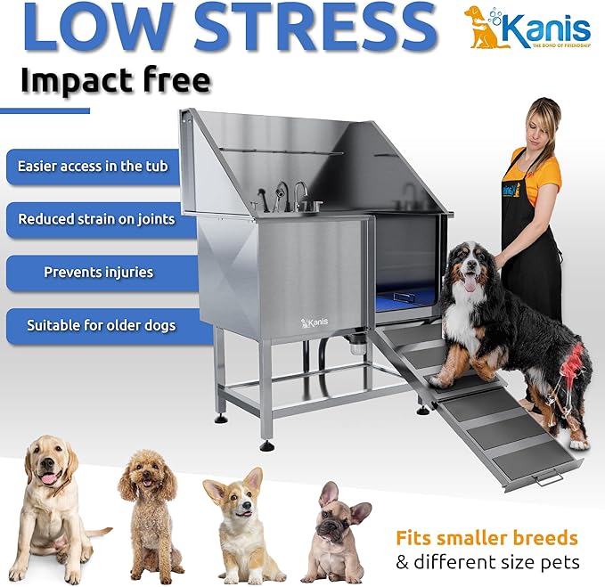 KANIS Professional Dog Washing Station - 304 Stainless Steel Pet Wash Sink &amp; Grooming Bath Tub for Home with Ramp, Shower, Floor Grate, Storage Shelf, Faucet, Drain Kit for Large, Medium &amp; Small Pets