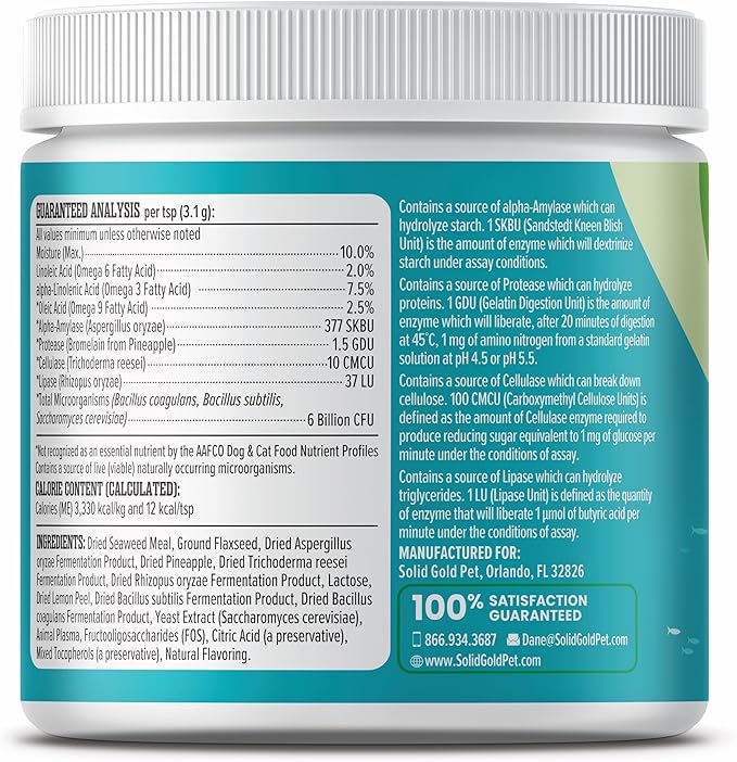 Solid Gold SeaMeal Cat Probiotic &amp; Dog Probiotics for Digestive Health - Kelp Powder Dog &amp; Cat Multivitamin Supplement w/Prebiotics &amp; Digestive Enzymes for Skin, Coat, &amp; Gut + Immune Support - 3.5oz
