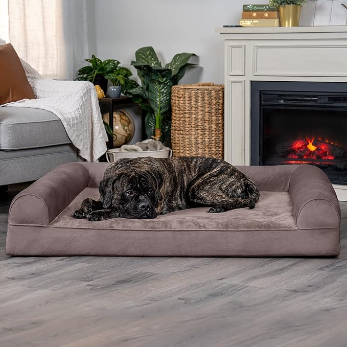 Furhaven Orthopedic Dog Bed for Large Dogs w/ Removable Bolsters &amp; Washable Cover, For Dogs Up to 125 lbs - Faux Fur &amp; Velvet Sofa - Driftwood Brown, Jumbo Plus/XXL