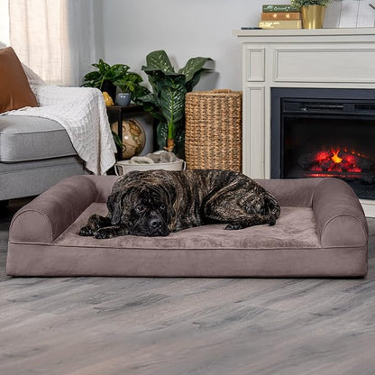 Furhaven Orthopedic Dog Bed for Large Dogs w/ Removable Bolsters &amp; Washable Cover, For Dogs Up to 125 lbs - Faux Fur &amp; Velvet Sofa - Driftwood Brown, Jumbo Plus/XXL