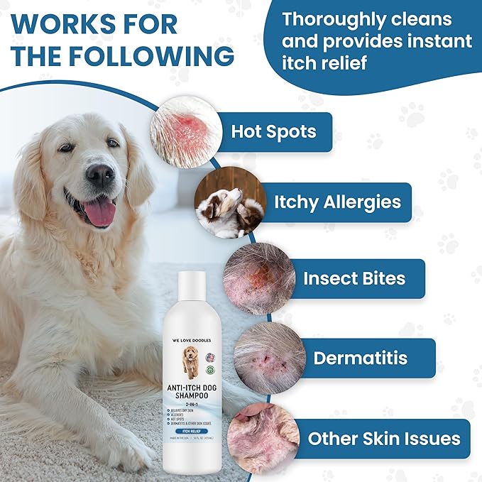 Premium Anti Itch Dog Shampoo for Sensitive Skin, Made in USA, Dry Skin Treatment for Dogs, Great for Allergies, Itching, Hot Spots, Natural Ingredients &amp; Allergy Relief, 16 OZ [We Love Doodles]