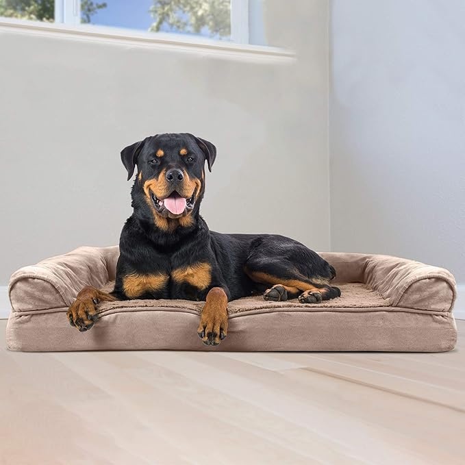 Furhaven Orthopedic Dog Bed for Large Dogs w/ Removable Bolsters &amp; Washable Cover, For Dogs Up to 95 lbs - Plush &amp; Suede Sofa - Almondine, Jumbo/XL