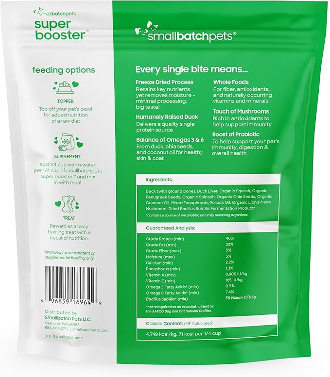 smallbatch Freeze Dried Dog Treats, Superfood Food Topper Duck Bites for Dogs &amp; Cats, Probiotics, Organic Ingredients, High Protein, Grain Free Healthy Treat or Food Topper, Made in The USA, 7 oz Bag