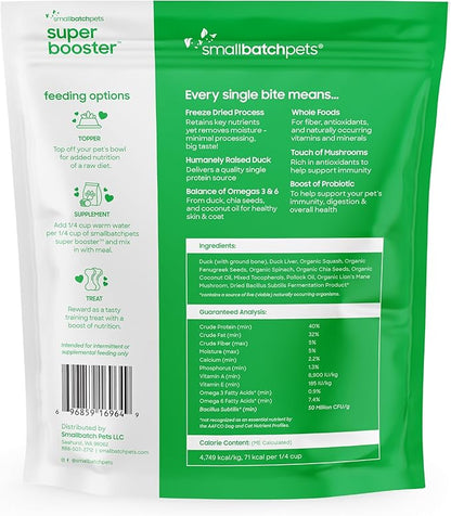 smallbatch Freeze Dried Dog Treats, Superfood Food Topper Duck Bites for Dogs &amp; Cats, Probiotics, Organic Ingredients, High Protein, Grain Free Healthy Treat or Food Topper, Made in The USA, 7 oz Bag