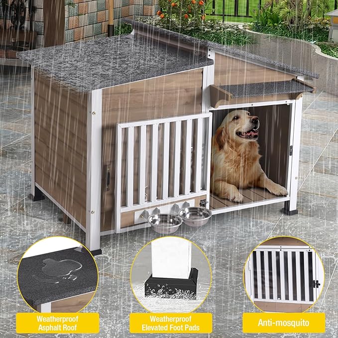 Chew-Resistant Dog House with Metal Frame, Wooden Kennel for Indoor &amp; Outdoor Use, Waterproof Roof &amp; Feeding Bowls Included (Brown, L)