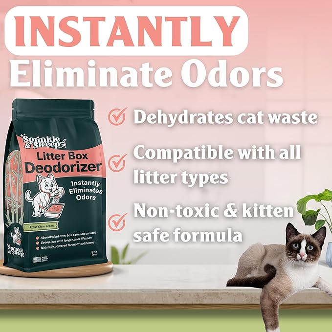 Sprinkle &amp; Sweep Litter Box Deodorizer - Cat Litter Deodorizer Non Toxic and Safe for Kittens - Instantly Eliminates Foul Smells and Urine Odors (Bag, Sifter &amp; Spray)