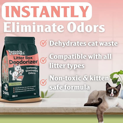 Sprinkle &amp; Sweep Litter Box Deodorizer - Cat Litter Deodorizer Non Toxic and Safe for Kittens - Instantly Eliminates Foul Smells and Urine Odors (Bag, Sifter &amp; Spray)