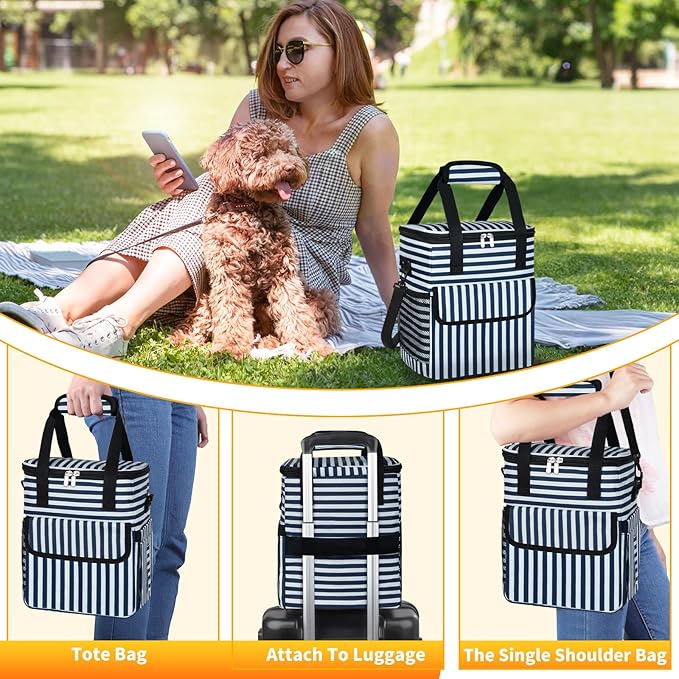 Dog Travel Bag for Camping - Pet Travel Accessories with 2 Collapsible Bowls, 2 Food Containers &amp; Waterproof Feeding Mat - Portable Dog Carrier, Stripe (Small)