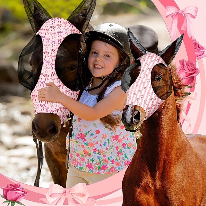 Chunful 6 Pcs Horse Fly Masks with Ears Smooth and Comfortable Cashel Mesh Fly Mask Elasticity Breathability UV Protection Horse Face Covering for Riding Supplies(Pink Bow,Large)