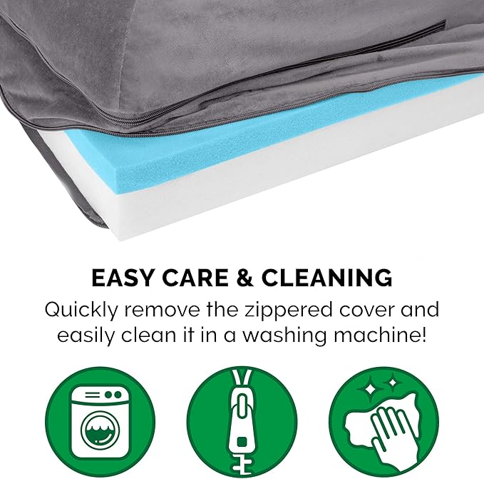 Furhaven Cooling Gel Dog Bed for Large/Medium Dogs w/ Removable Bolsters &amp; Washable Cover, For Dogs Up to 55 lbs - Plush &amp; Velvet L Shaped Chaise - Platinum Gray, Large