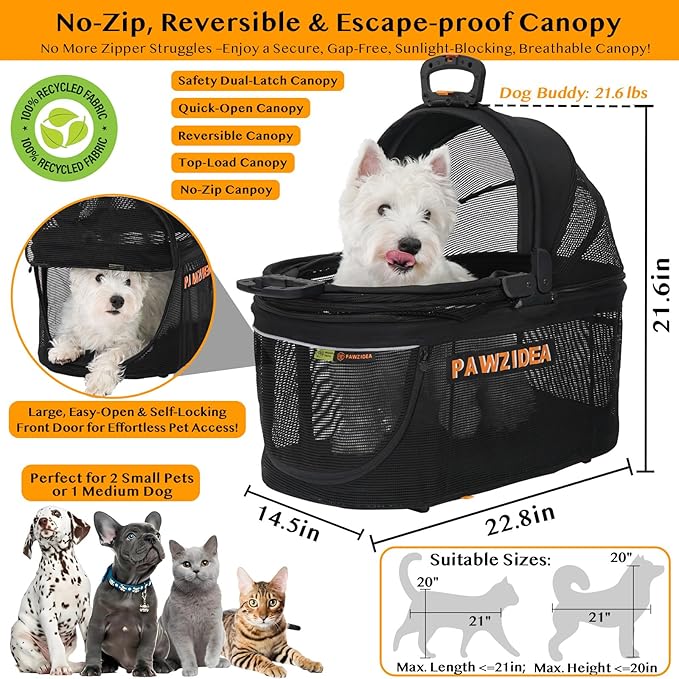 PAWZIDEA Dog Stroller 4 in 1, Pet Stroller for Cats with Detachable Carrier for Small/Medium Dogs/Cats, Seatbelt Car Seat Combo, Cozy House, Foldable &amp; Lightweight Jogger Strollers, Storage Basket