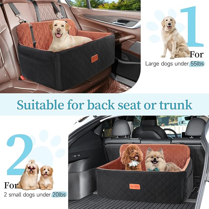 Dog Car Seat for Medium/Large Dogs, Pet Booster Seat for Under 55 lbs or 2 Small Dogs, Detachable &amp; Washable Dog Car Bed for Backseat with 2 Safety Leashes(Black/Brown)