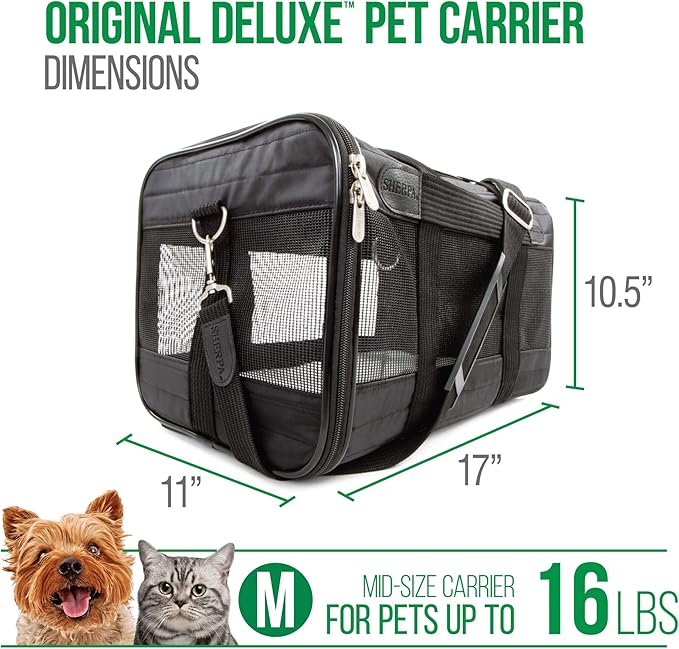 Sherpa Original Deluxe Travel Pet Carrier, Airline Approved &amp; Guaranteed On Board - Black, Medium