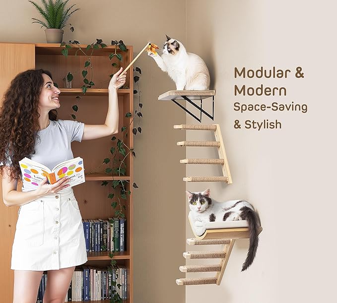 Cat Wall Shelves with Cats Window Perch – 4-Piece Wooden Cat Climbing Furniture Set with Soft Foam Curved Bed, Flat Shelf &amp; 2 Wall 4-Steps Ladders