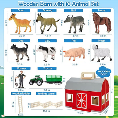 YEEBAY Farm Animals Toys for 3+ Year Old Kids Toddlers Girls Boys, Large Wooden Barn with Animal Play Figures, Farm Playset Educational Learning Toys, Ideal Christmas Birthday Gifts