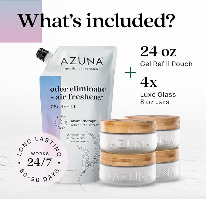 Azuna Air Freshener &amp; Odor Eliminator for Strong Odor | 4 Room Kit Includes (4) Empty Luxe Glass Jar &amp; 24oz Gel Refill with Tea Tree Essential Oil | Aromatherapy | Last 60-90 Days