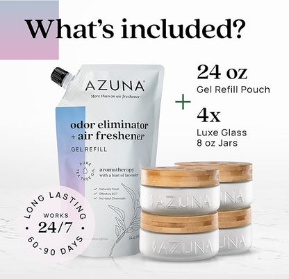 Azuna Air Freshener &amp; Odor Eliminator for Strong Odor | 4 Room Kit Includes (4) Empty Luxe Glass Jar &amp; 24oz Gel Refill with Tea Tree Essential Oil | Aromatherapy | Last 60-90 Days