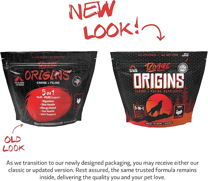 Origins 5-in-1 Dog Supplement - Powdered Food Topper w/Natural Turkey Protein- Supports Healthy Digestion, Skin, and Coat - Helps Reduce Itching &amp; Joint Inflammation (2LB)